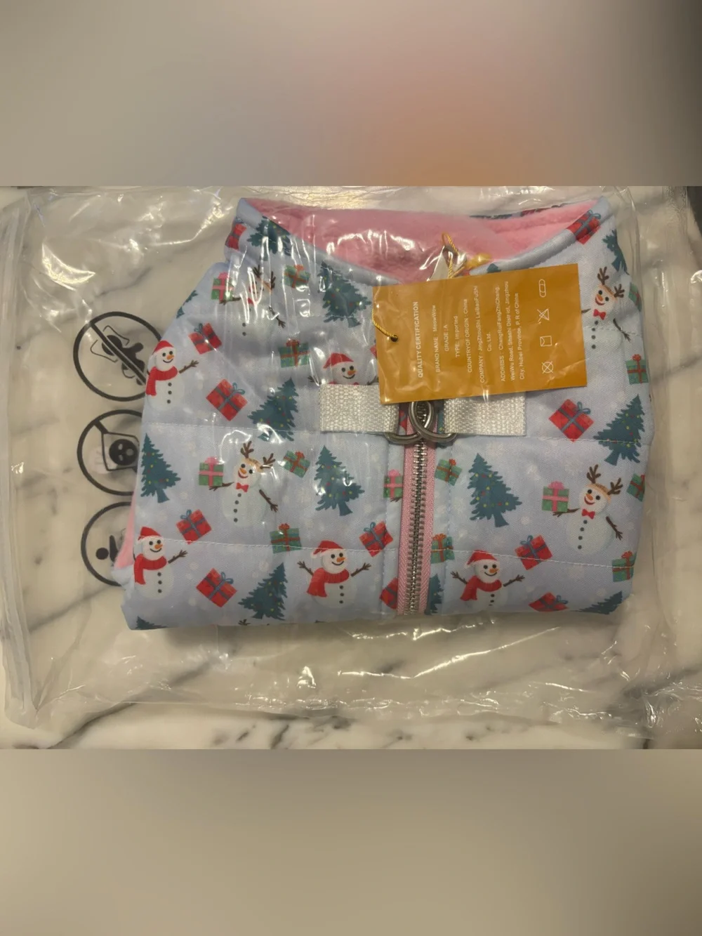 Holiday Snowman Pink-Trim Dog Puffer Vest / Jacket